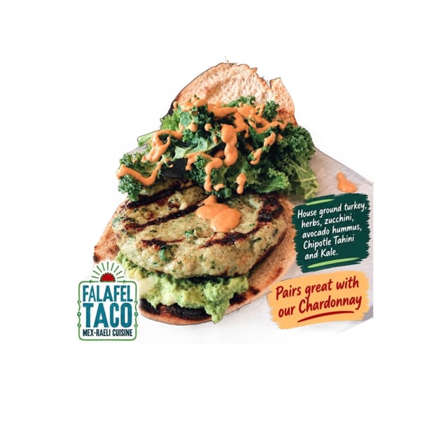 Turkey  Zucchini Burger, Chipotle Tahini, Avocado Hummus, Chopped Kale.