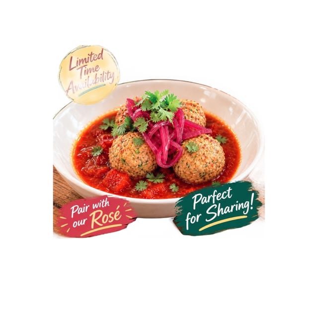 Turkey Zucchini Meatballs, Shakshouka Sauce, Pickled Onions, Cilantro.