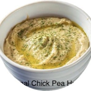 Traditional Chickpea Hummus, Extra Virgin Olive Oil, Za'atar, Garbanos, Pita chips.