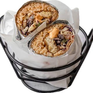 Tel Aviv Fried Fish Burrito, Mexican Brown Rice, Black Beans, Chipotle Mayonnaise, Pico de Gallo, Shredded Cabbage