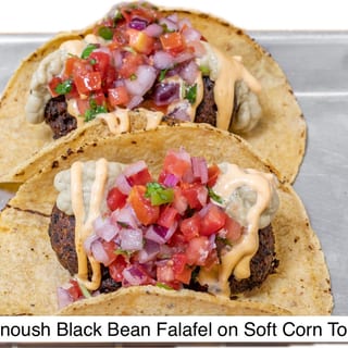 Mexiganoush Black Bean Falafel Tacos, babaghanoush, chipotle mayo, pico de gallo,