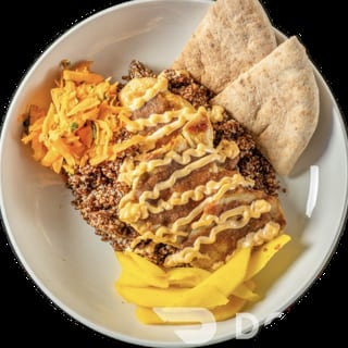 Citrus Grilled Chicken, Pickled Mango, Carrot Salad, Roasted Tomato Salsa, Chipotle Mayonnaise, 1/2 pita