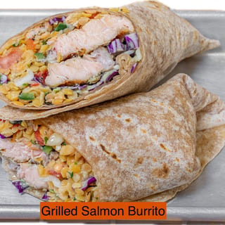 Salmon Asado Burrito Mexican Brown Rice, Black Beans, Avocado Hummus, Pico de Gallo