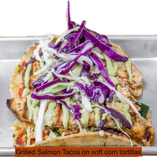 Salmon Asado Tacos, Corn Tortillas, Mexican Brown Rice, Black Beans, Avocado Hummus, Pico de Gallo