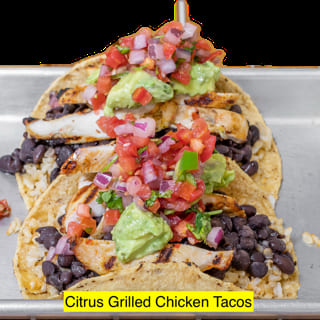Pollo Asado Tacos, Mexican Brown Rice, Black Beans, Avocado Hummus, Pico de Gallo