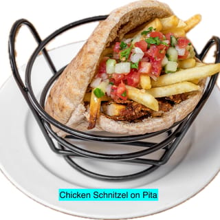Chicken Schnitzel, FF,  Tahini, Hummus, Israeli Salad