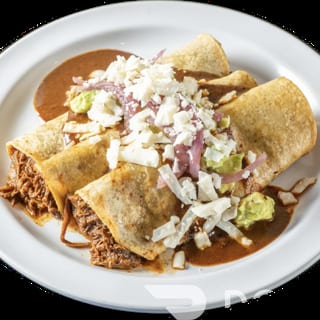 Chicken Mole Enchiladas, 3 Corn tortilla enchiladas, Mole Sauce, Avocado Hummus, Picled Red Onions, PB cheese