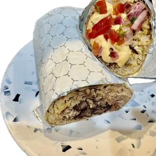 Mexiganoush Black Bean Falafel Burrito, Mexican Brown Rice, Black Beans, Chipotle Mayo, Babaghanoush, Pico de Gallo