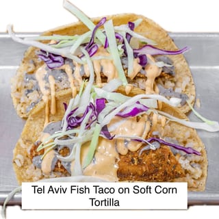 Tel Aviv Fried Fish Tacos, Mexican Brown Rice, Chipotle Mayo, Pico de Gallo Cabbage